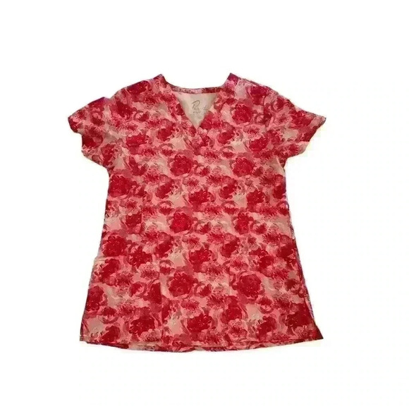 Women's Pink Scrub Top Pockets Size Small S Floral Vneck Short Sleeve by Maevn‎ - Picture 2 of 7
